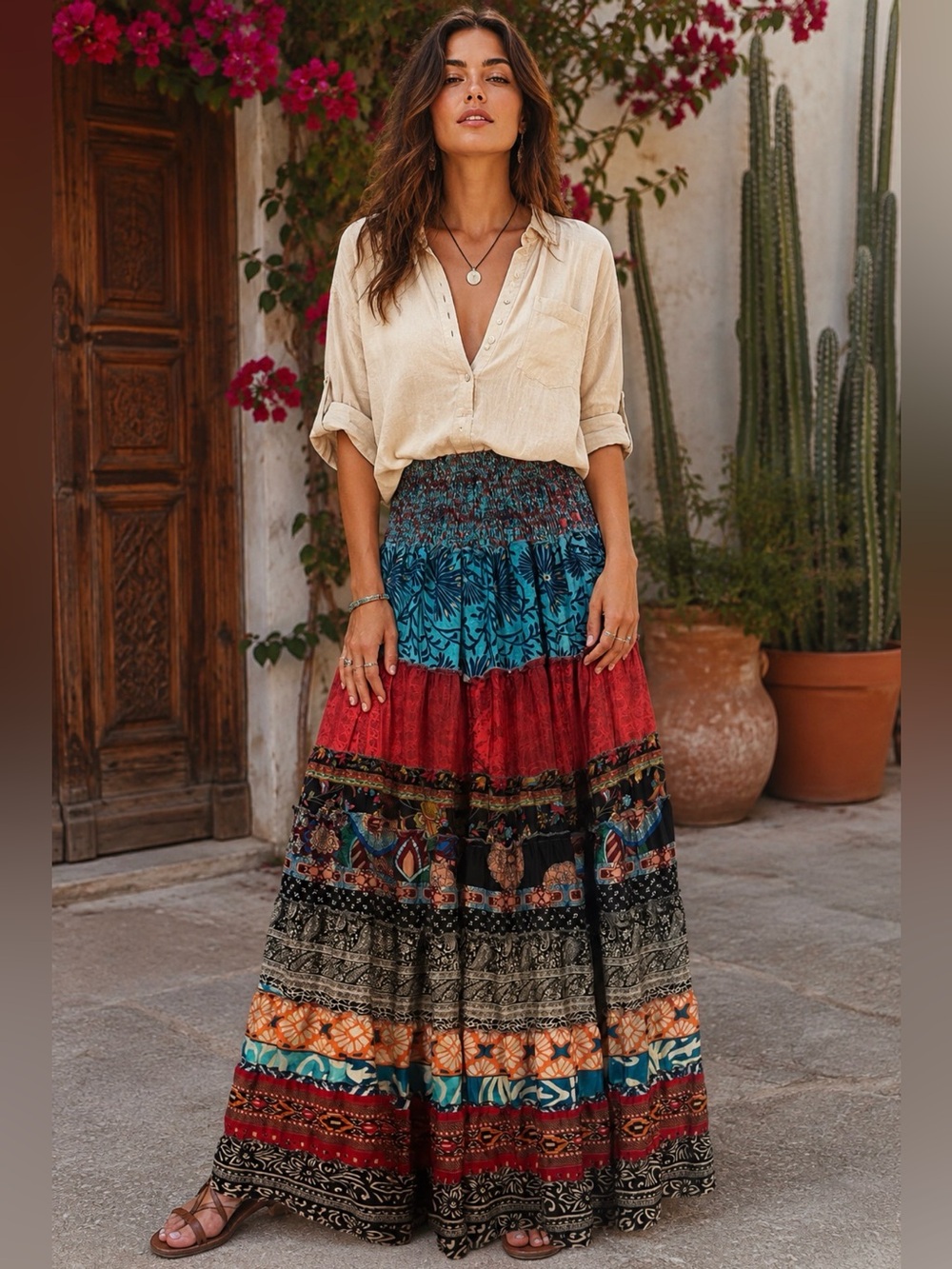 Recycled Silk Blend Floral Patchwork Tiered Ruffle Skirt Free Size Gypsy Boho